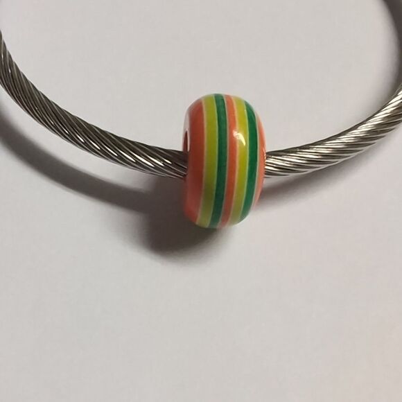 Orange Green Yellow Striped Charm for Pandora Style Bracelet - Picture 2 of 5